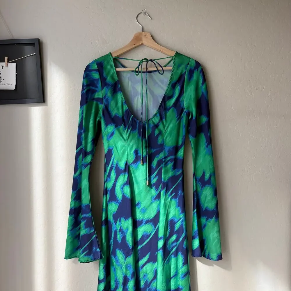 The Wolf Gang Dress Calypso Green Blue Abstract Long Sleeve Maxi Dress Size M - Picture 10 of 12